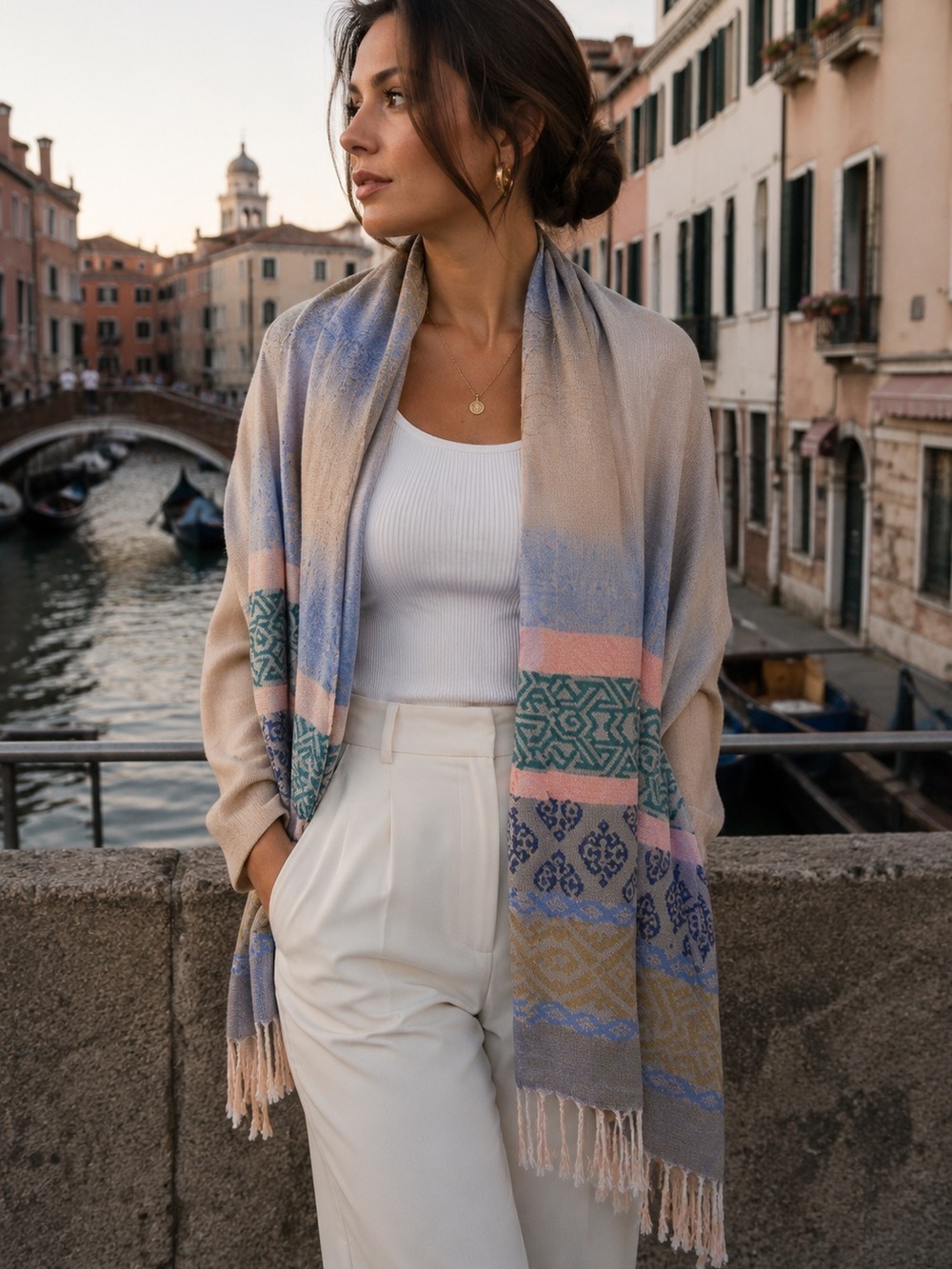 Pashmina Scarf Shawl Beige Blue Boho Travel Wrap Lightweight Multicolour Luxe